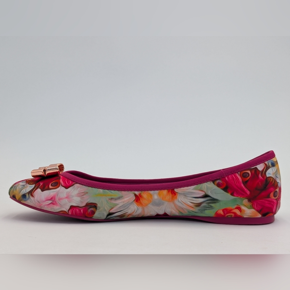 Ted Baker London IMME 2 Sz 9  Vibrant Floral Pink Ballet Flats Rosegold Bows - Picture 7 of 17